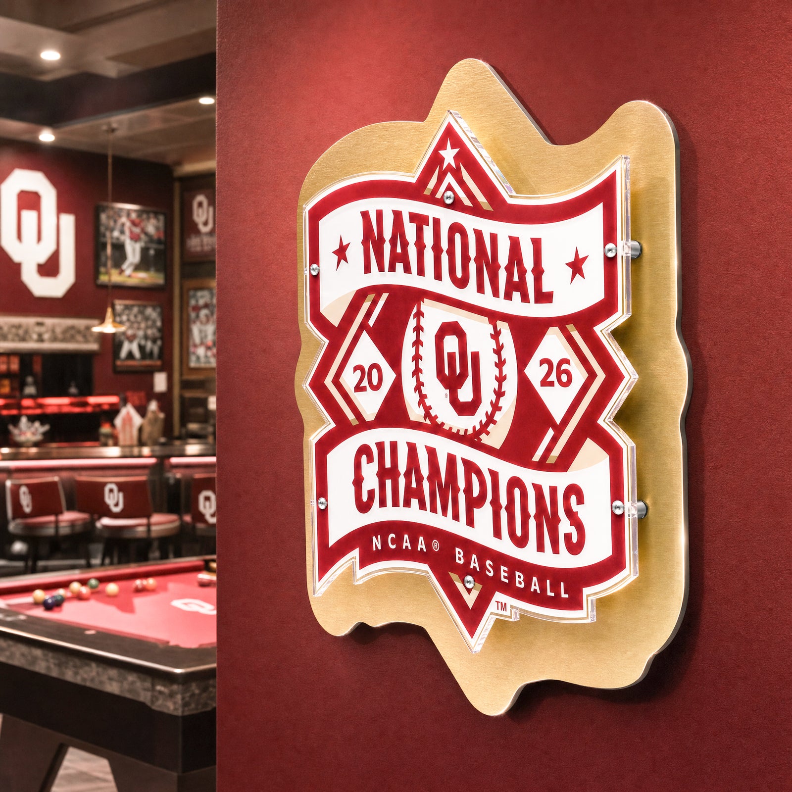 Oklahoma Sooners - Baseball National Champions Logo Two Layer Acrylic & Metal Dimensional Wall Art