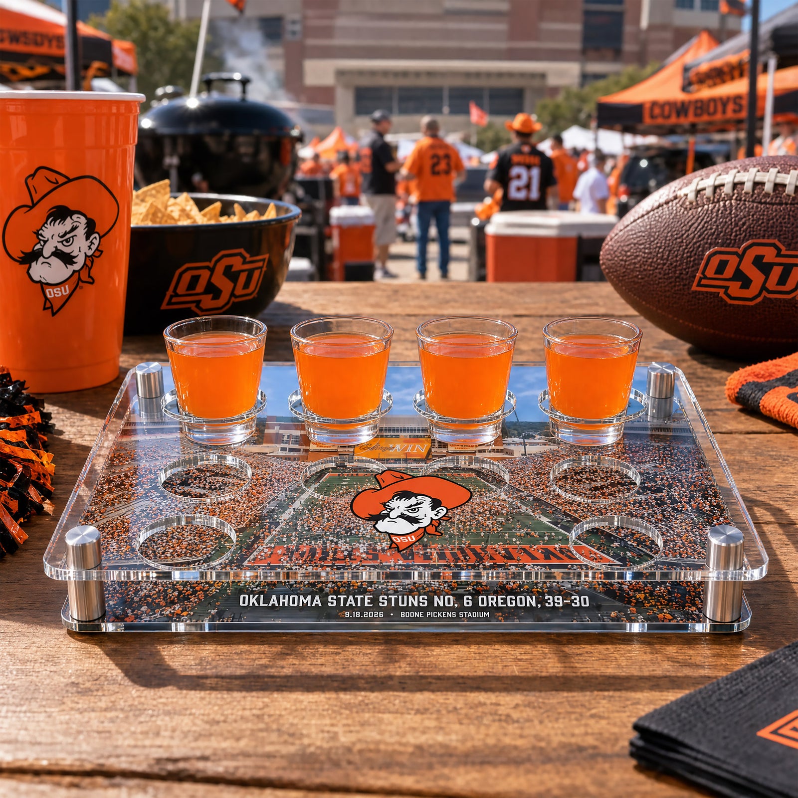 Oklahoma State Cowboys  -  Oklahoma State Stuns No. 6 Oregon Shot Glass Display Tray