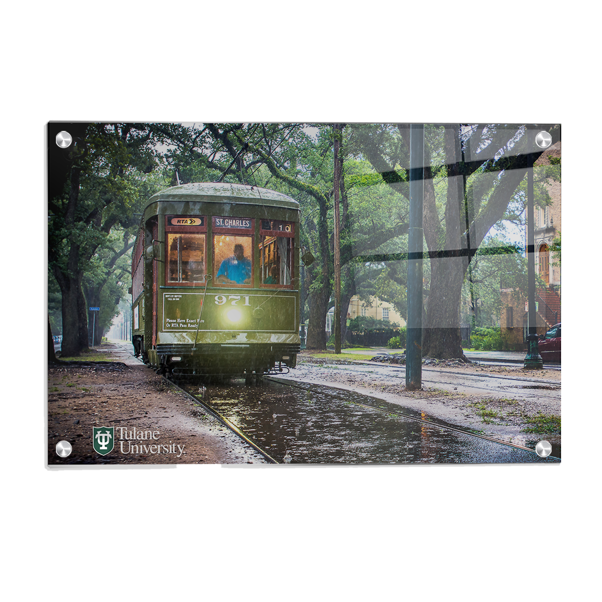 Tulane  Green Wave - Rainy Day Street Car St. Charles - College Wall Art #Canvas