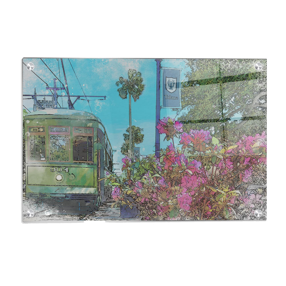 Tulane Green Wave - St. Charles Streetcar Tulane Watercolor - College Wall Art #Canvas