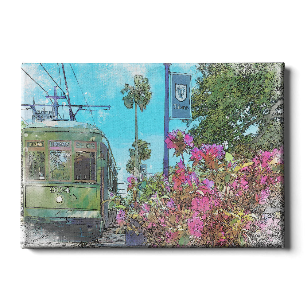 Tulane Green Wave - St. Charles Streetcar Tulane Watercolor - College Wall Art #Canvas