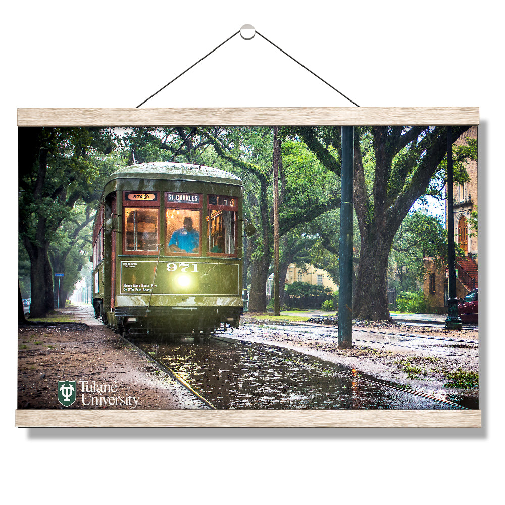 Tulane  Green Wave - Rainy Day Street Car St. Charles - College Wall Art #Canvas