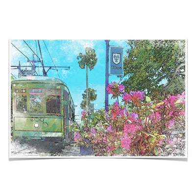 Tulane Green Wave - St. Charles Streetcar Tulane Watercolor - College Wall Art #Poster