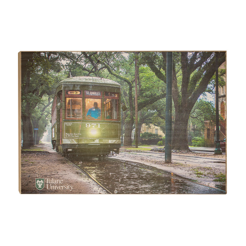 Tulane  Green Wave - Rainy Day Street Car St. Charles - College Wall Art #Canvas