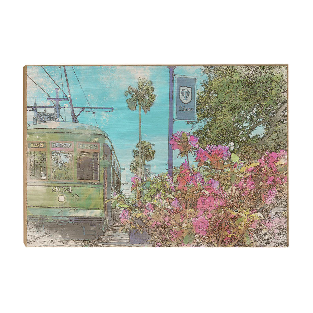 Tulane Green Wave - St. Charles Streetcar Tulane Watercolor - College Wall Art #Canvas