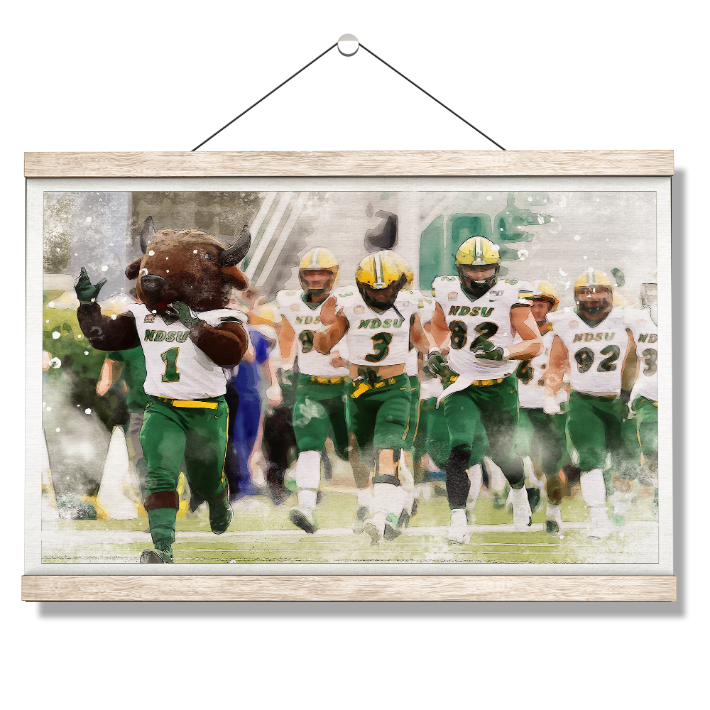 North Dakota State Bisons - NDSU Running onto the Field Water Color - College Wall Art #Canvas