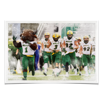North Dakota State Bisons - NDSU Running onto the Field Water Color - College Wall Art #Poster