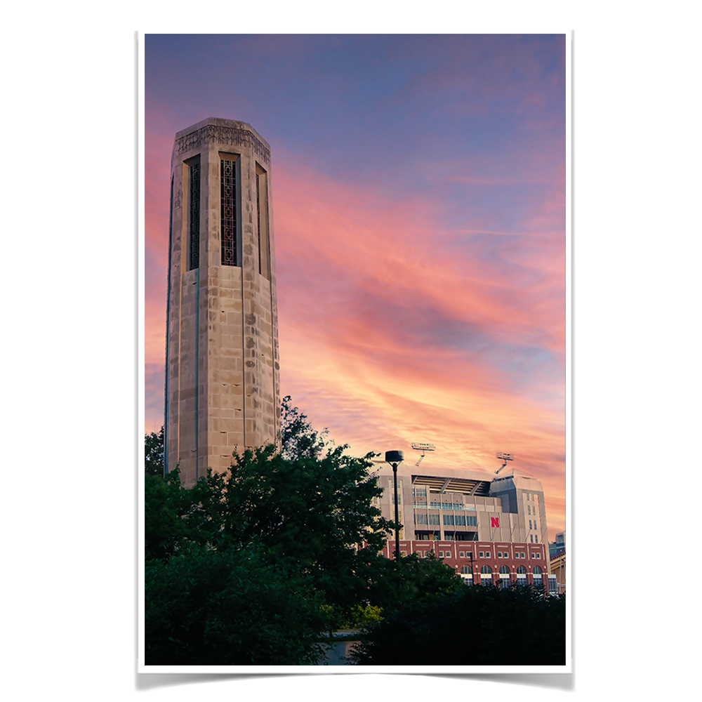 Nebraska Cornhuskers - Sunset, Mueller Tower and Memorial - College Wall Art #Canvas